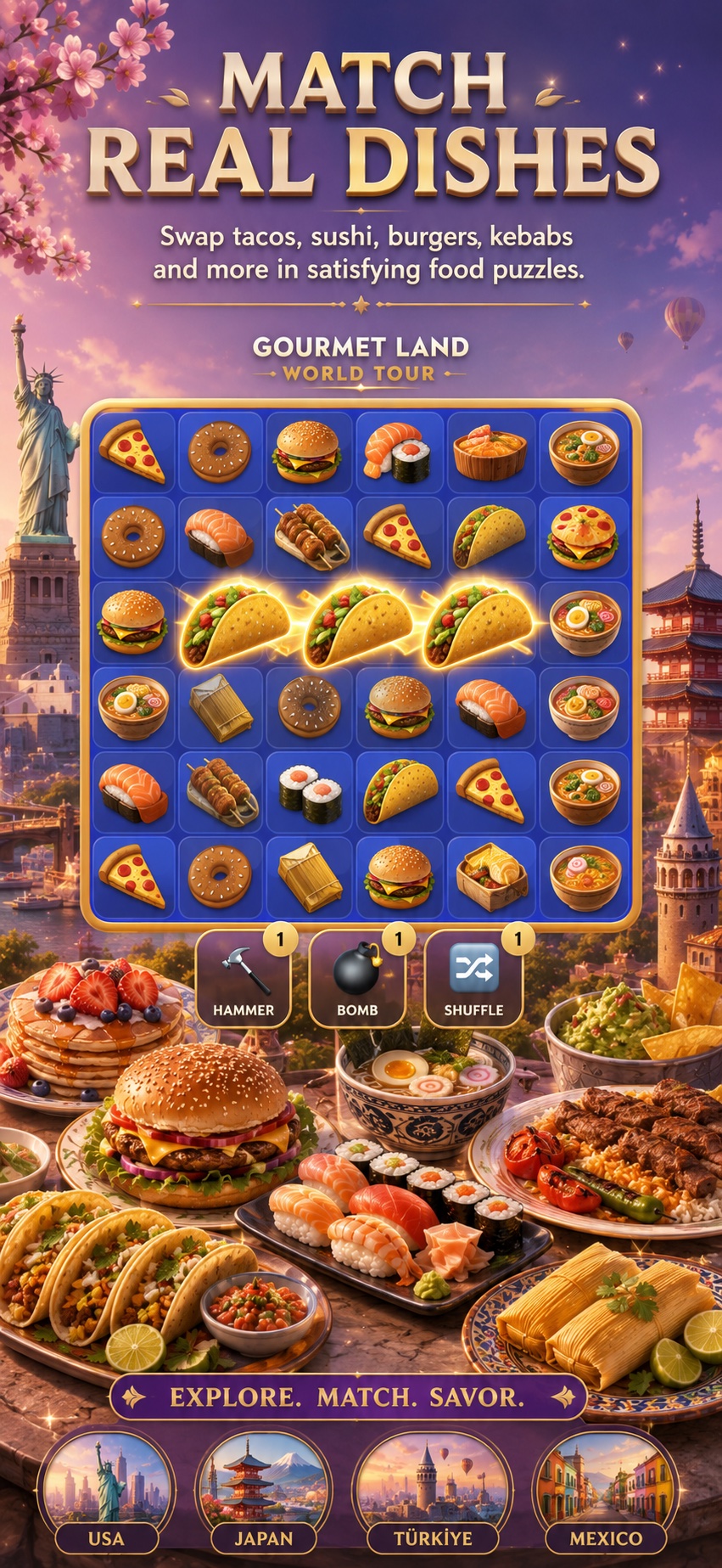 Match Real Dishes — taco, sushi, burger, kebap eşleştir