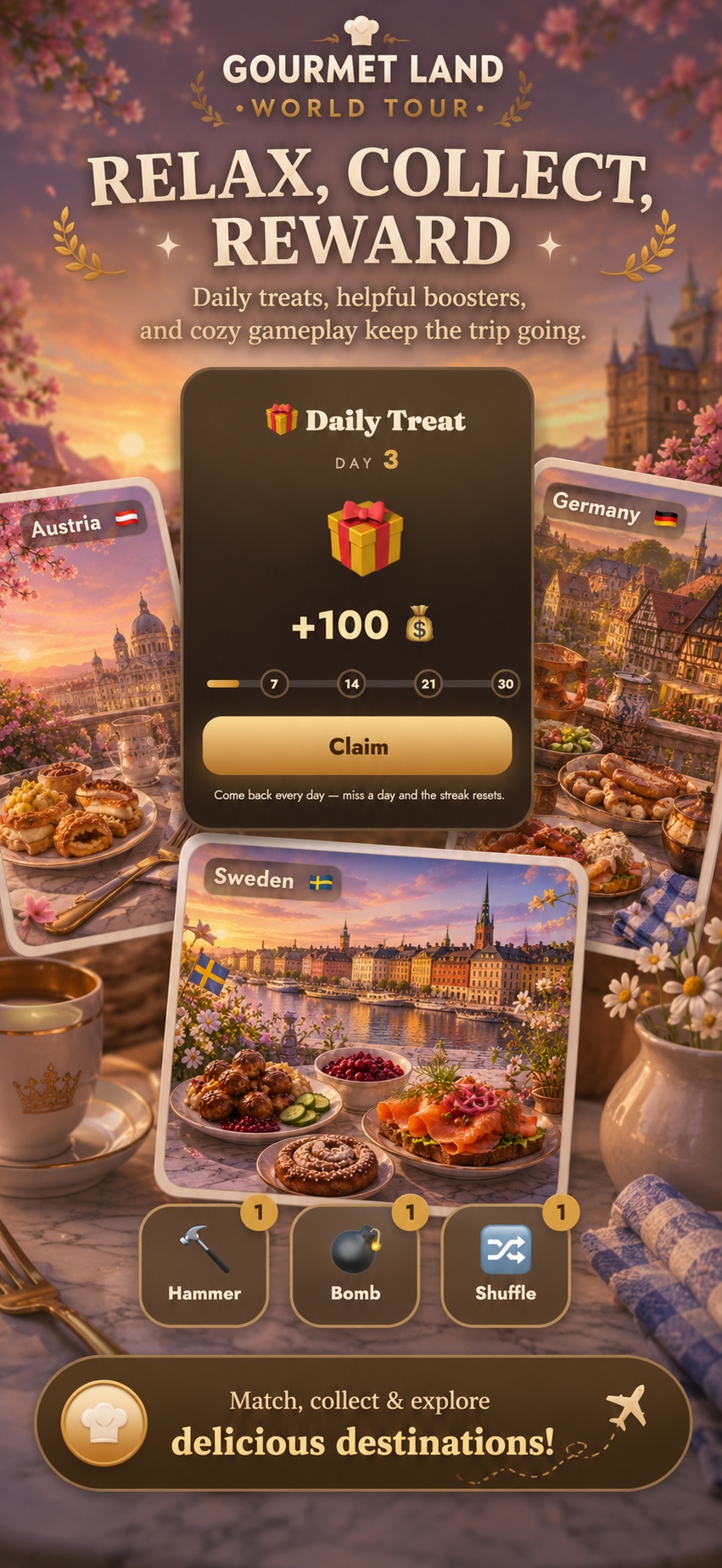 Relax, Collect, Reward — günlük ödüller ve boosterlar